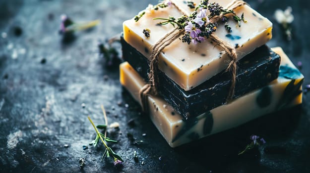 Three bars of handmade soap are tied with twine and decorated with flowers, resting on a dark textured surface