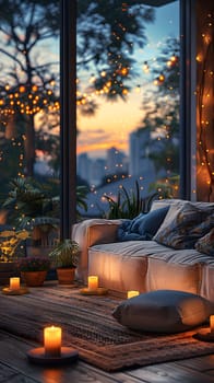 Inviting living room illuminated by candles and fairy lights at sunset