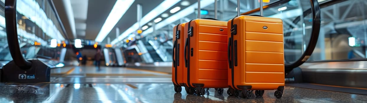 Two bright yellow suitcases are resting on the floor of a bustling airport terminal, waiting for their owners to return for them