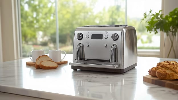 Stainless steel toaster oven sitting on a marble countertop in a bright kitchen with sliced bread and coffee nearby