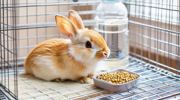 Fluffy red and white bunny resting in its cage with fresh water and food