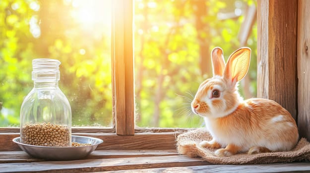 Red baby bunny rabbit is relaxing on a window sill in the sun, enjoying its food