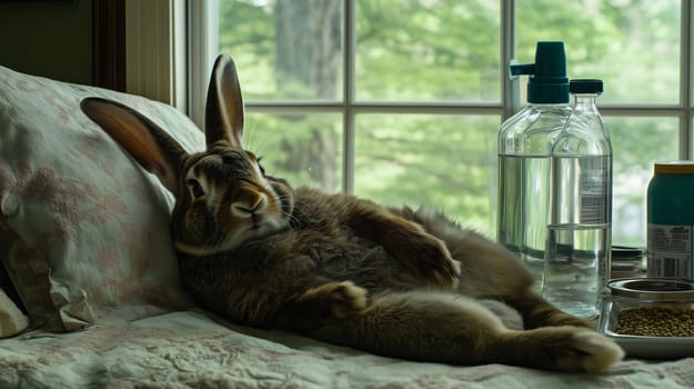 Brown and white pet rabbit is lying on its back on a bed, with its legs stretched out, looking relaxed and content