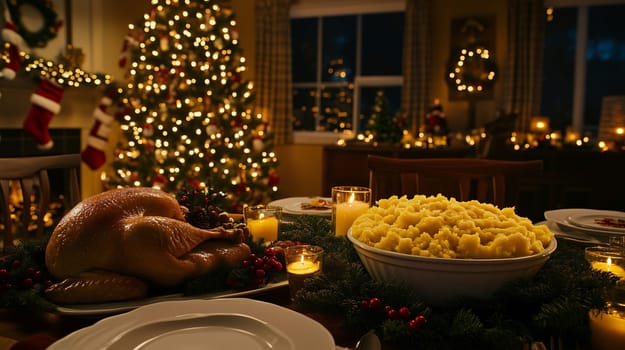 Festive table is set for christmas dinner with a roast turkey, mashed potatoes and candles