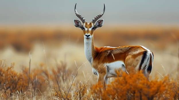 In the grassland ecoregion, a deerlike gazelle is gracefully standing among tall grass in a natural landscape. The terrestrial animal blends into the plain as if it were a fawn in its native habitat