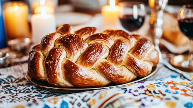 Golden brown challah bread resting on a table set for shabbat dinner with candles and wine