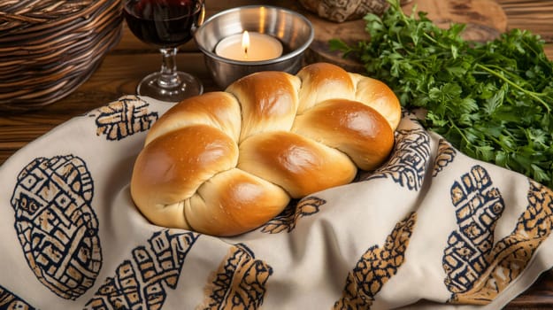 Braided challah bread loaf resting on a printed towel for shabbat dinner with wine and a lit candle in the background