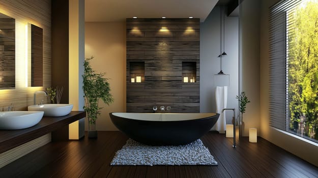 Modern bathroom design featuring a black bathtub, wooden walls and floors, and a large window with a view of nature