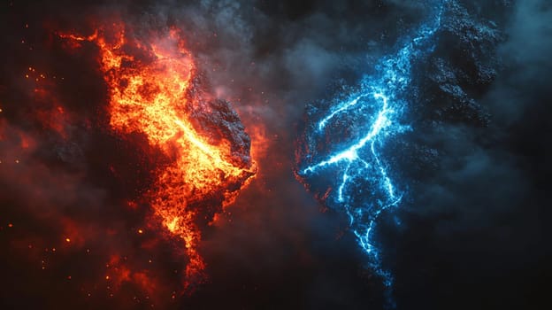 Red fire and blue energy are facing each other in a dark smoky atmosphere