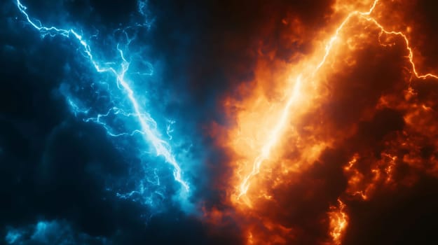Abstract background representing a clash of forces, with lightning bolts and energetic shapes in a vibrant color palette