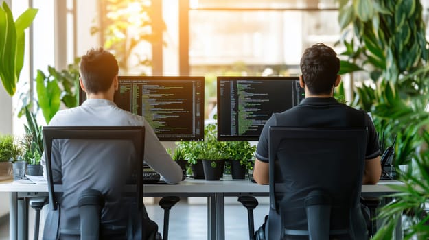 Two programmers concentrating on their computer screens, writing code in a modern office full of plants