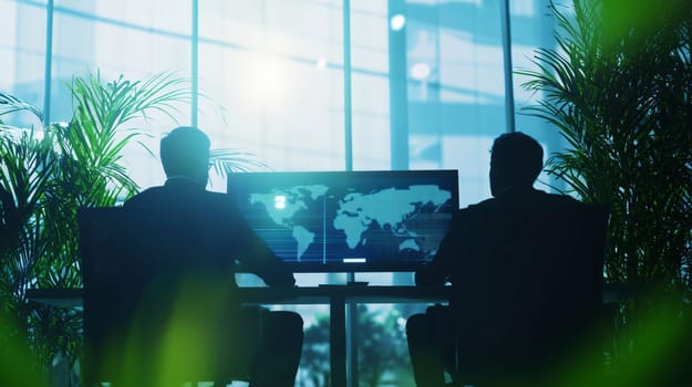 Two businessmen working together in a luminous office with large windows using a computer with a world map displayed on screen