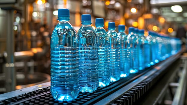In a bustling factory, bottles of water are meticulously lined up in order on a conveyor belt, ready for distribution to customers