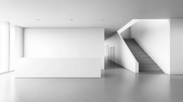 Modern and minimal white reception area with a staircase is bathed in natural light
