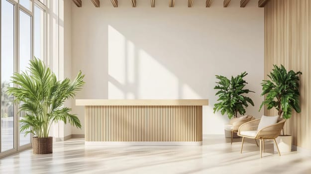 Minimalist and modern office waiting area with large windows, wooden features, and plants bathed in sunlight