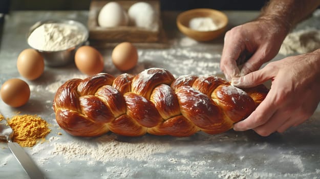 Baker finishing a loaf of bread by dusting it with flour on a messy table