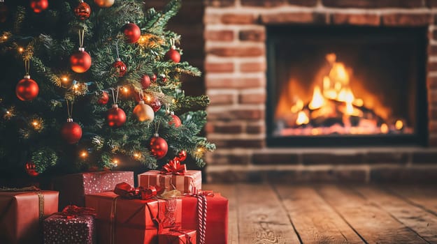 Christmas tree decorated with red baubles is standing near fireplace in a cozy living room