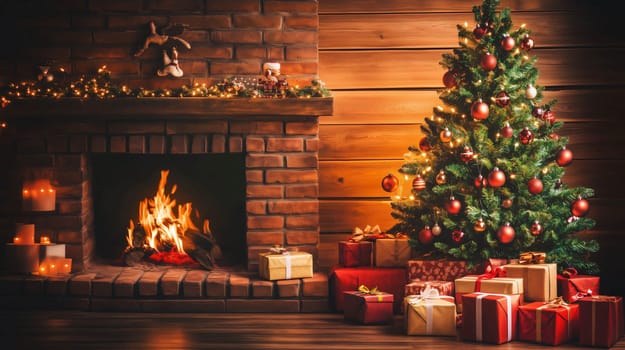 Decorated christmas tree standing in a cozy living room with burning fireplace and many gifts