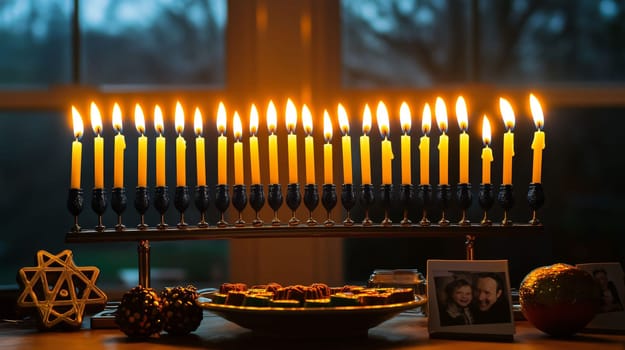 Hanukkah menorah standing on a table with burning candles, chocolate coins, and family pictures