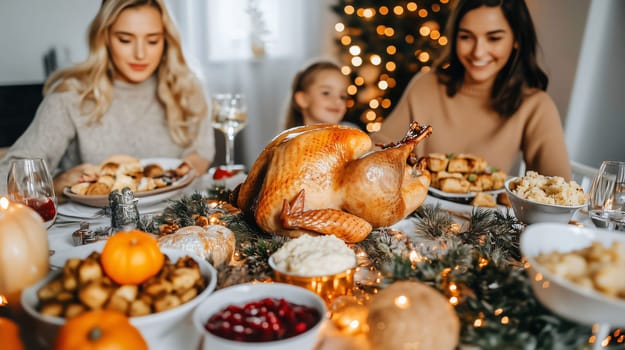 Family enjoying christmas dinner with roasted turkey, side dishes, and festive decorations on a table