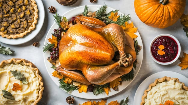 Roasted turkey is the centerpiece of a thanksgiving feast with side dishes and pumpkin
