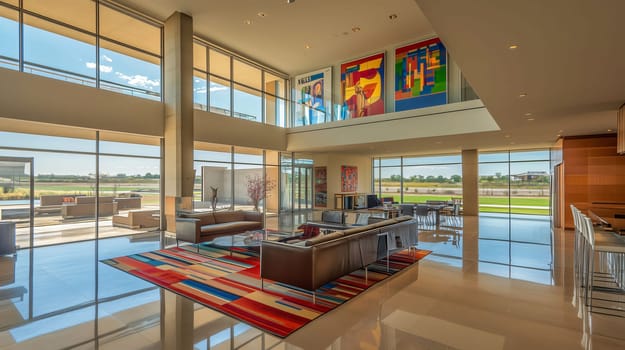 Modern open plan home interior with large windows overlooking patio with comfortable sofas in the living room