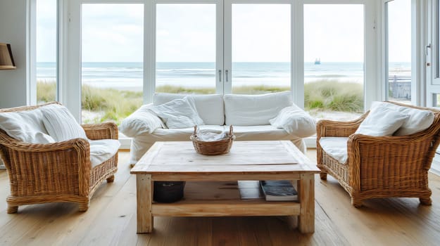 Bright living room with wicker furniture overlooking the sea on a sunny day