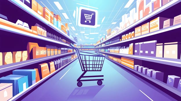 Empty shopping cart standing in supermarket aisle with variety of goods on shelves, shopping concept illustration