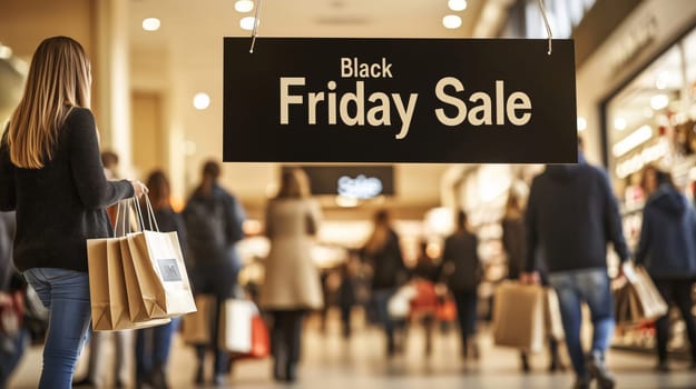 Shoppers browsing merchandise in a mall during a black friday sale