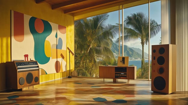Sunlight streaming through a large window illuminating a stylish mid century modern living room