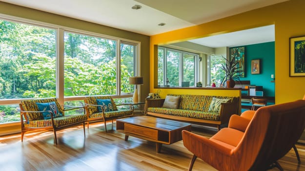 Bright mid century modern living room with a wall of large windows showing lush greenery