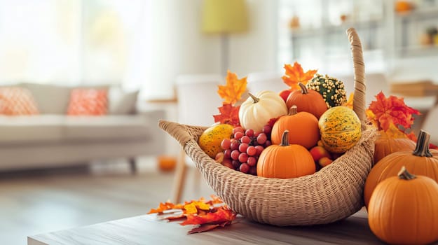 Wicker cornucopia overflowing with pumpkins, gourds, and grapes sits on a table, bringing the colors of autumn into a cozy living room