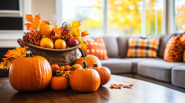 Comfortable living room is decorated for autumn with pumpkins, gourds, and colorful maple leaves