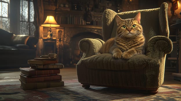 Tabby cat is resting in a vintage armchair in a cozy living room, enjoying the warmth of the fireplace and the soft sunlight