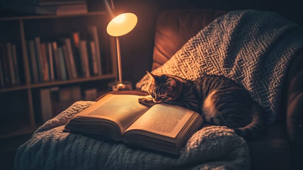 Tabby cat is sleeping on a book in a cozy living room illuminated by a warm lamp light
