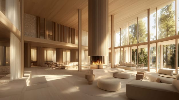 Sunlight streaming through large windows in a modern open plan living room