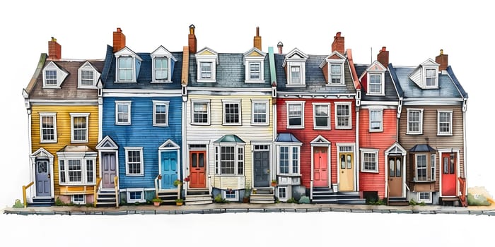 Charming illustration of colorful row houses showcasing varied architectural styles.