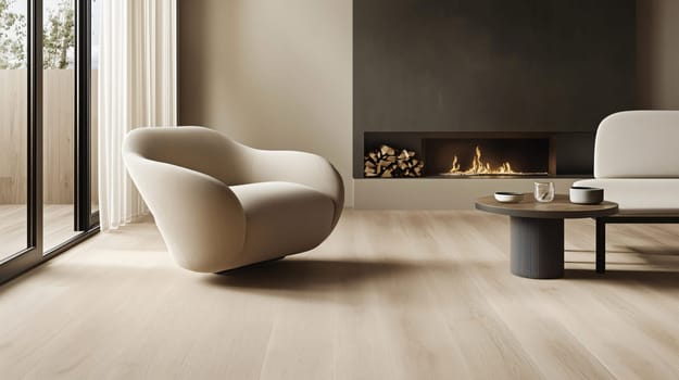 Modern living room featuring a fireplace burning brightly, casting a warm glow on the stylish furniture and creating a cozy atmosphere