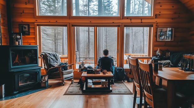 Freelancer is taking a break from working remotely, enjoying the view of a peaceful forest from his wooden cabin