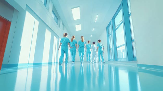 Group of surgeons is walking down a hospital corridor