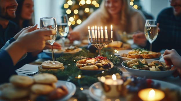 Family is enjoying a delicious hanukkah meal together with a menorah lit on the table