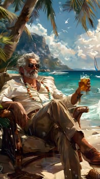 A man peacefully sits in a chair by the tranquil lake, drink in hand, taking in the breathtaking natural landscape of water, sky, and clouds a scene worthy of a painting