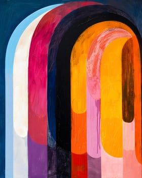 A vibrant painting featuring a rainbow of colors including pink, violet, and magenta on a serene blue background. A work of art that exudes colorfulness and creativity