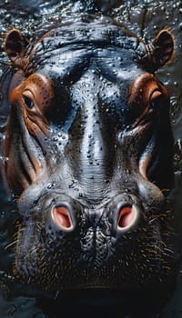 A hippopotamus, a terrestrial animal, swims with its mouth open in the water, showcasing its massive whiskers. Unlike Felidae, hippos are not known for their patterned fur or snouts