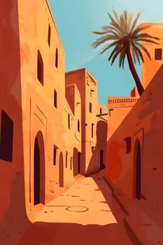 Scenic sunlit alleyway in a traditional desert village with palm trees.