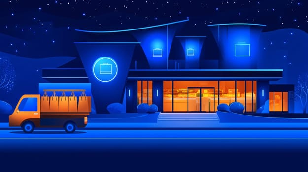Delivery truck transporting shopping bags away from a supermarket at night, suggesting grocery delivery service
