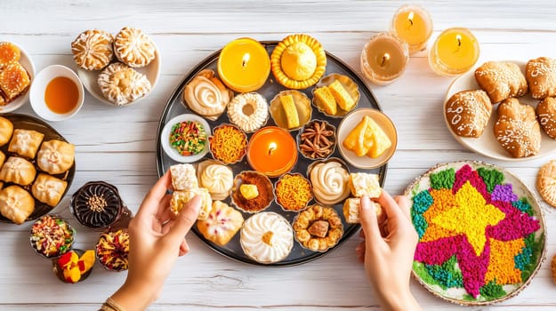 Woman arranging diwali sweets and candles for celebration on white wood table background