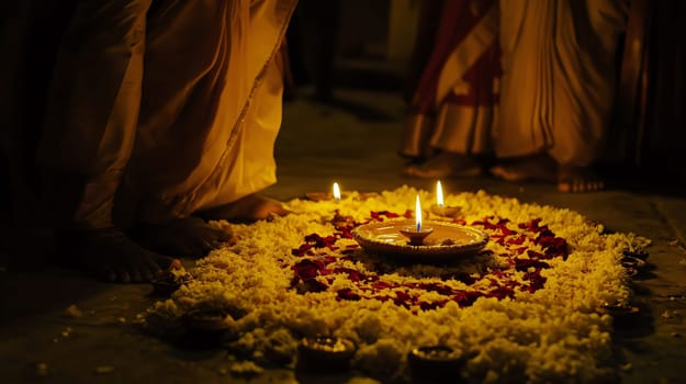 Indian people standing near a flower rangoli with burning oil lamps for diwali festival celebration