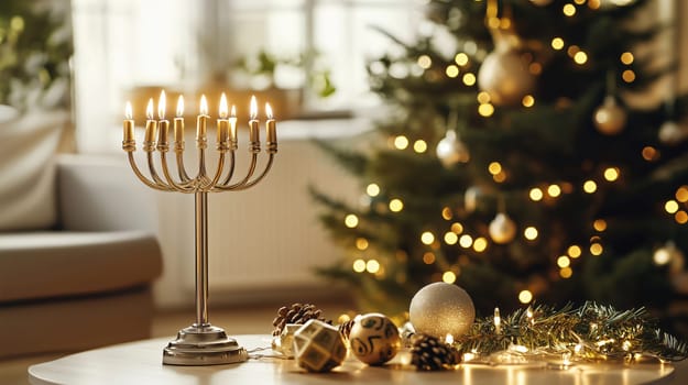 Burning hanukkah menorah is standing on a table with christmas tree in the background