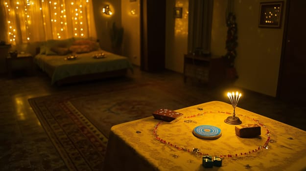 Menorah burning brightly on a table decorated with gifts and beads in a cozy bedroom, celebrating the festival of hanukkah